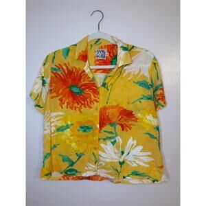 VTG Jams World Womens Yellow Floral Short Sleeve Button Up Hawaiian Blouse Small